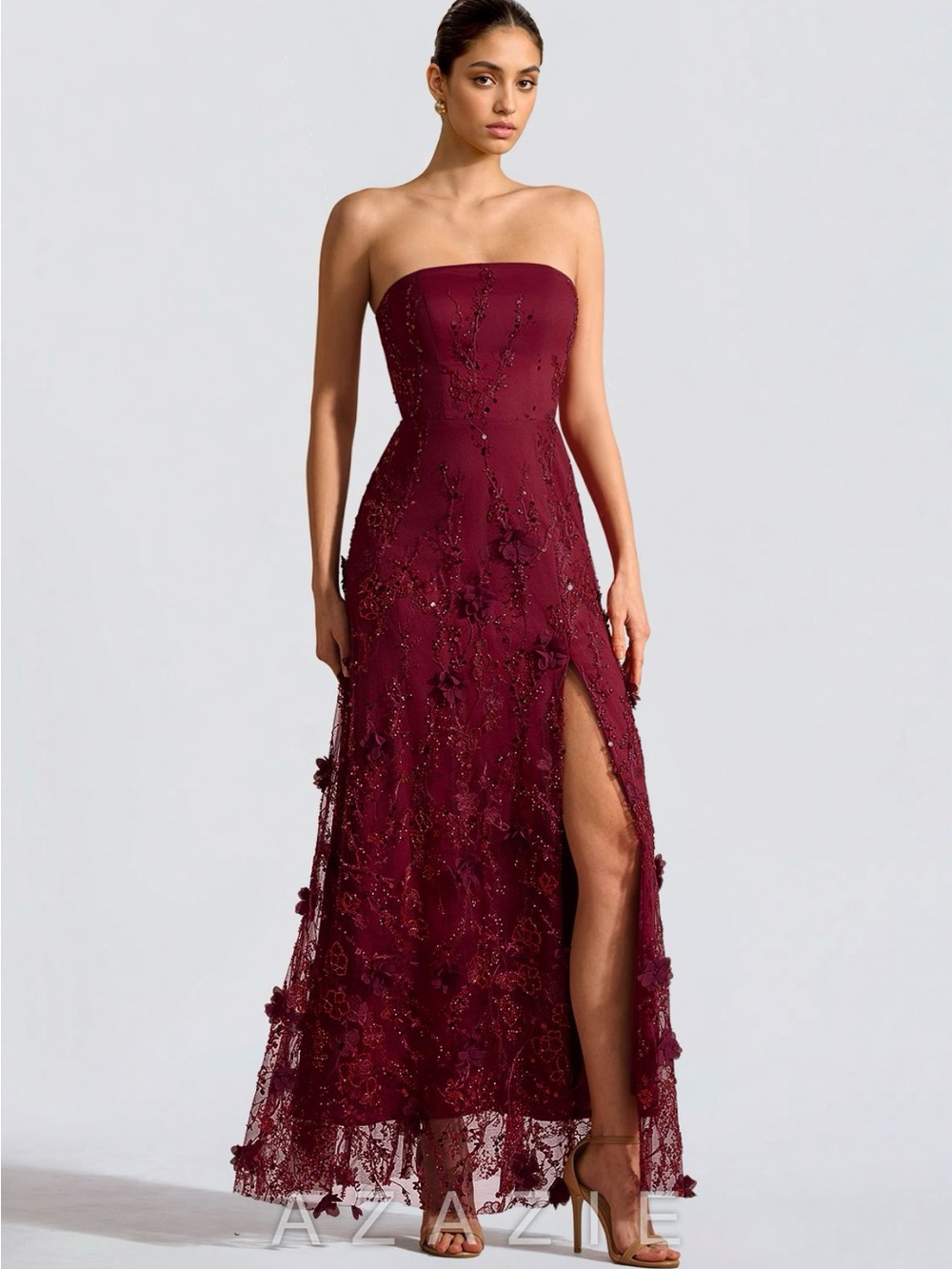 Azazie Strapless Burgundy Lace Maxi Dress with High Slit